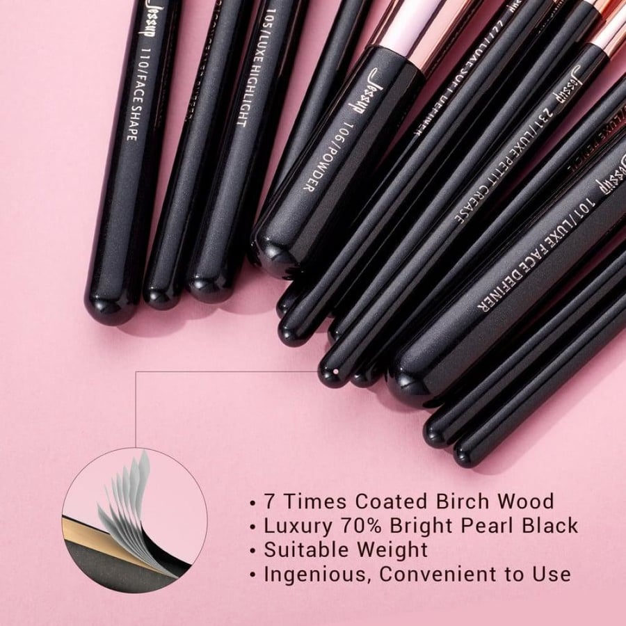Jisoo brush set, face and eye brushes, 15 brushes, Black Rose Gold T162