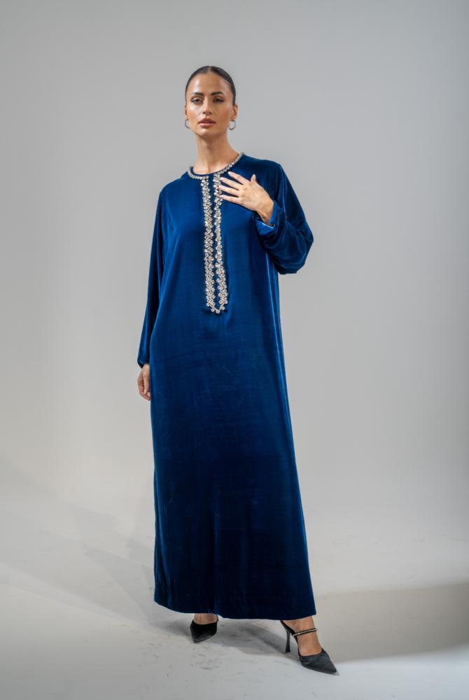 Velvet turquoise dress with crystal in front