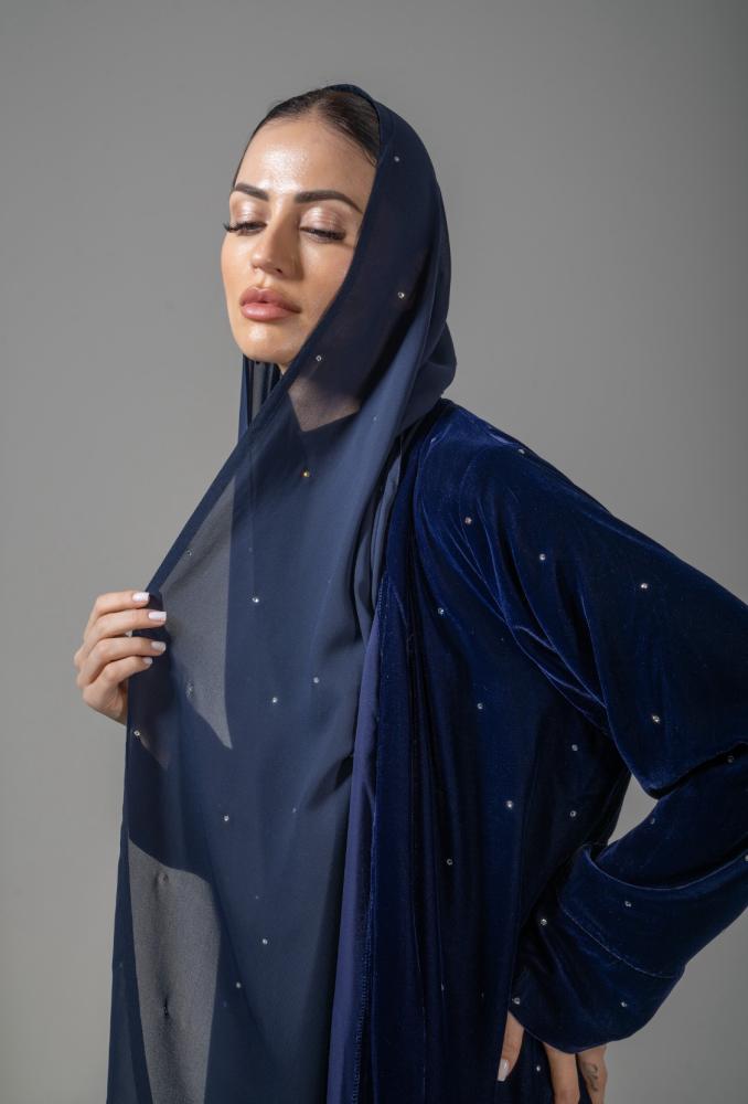 Blue velvet abaya with crystal embellishment