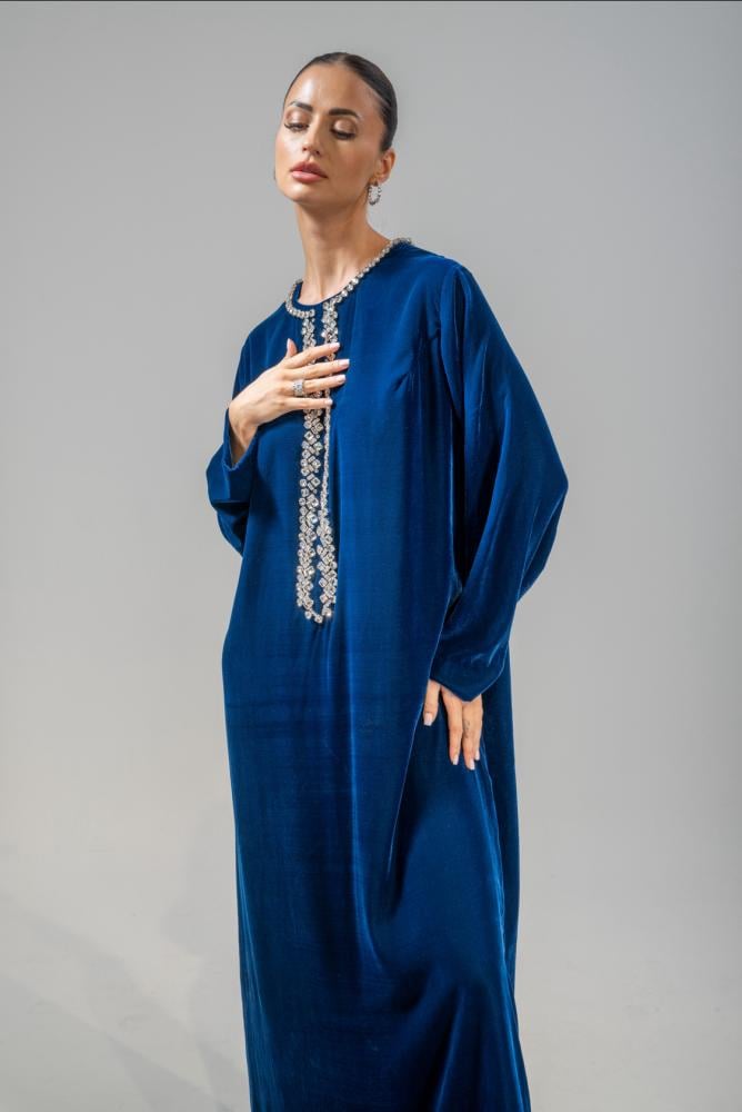 Velvet turquoise dress with crystal in front