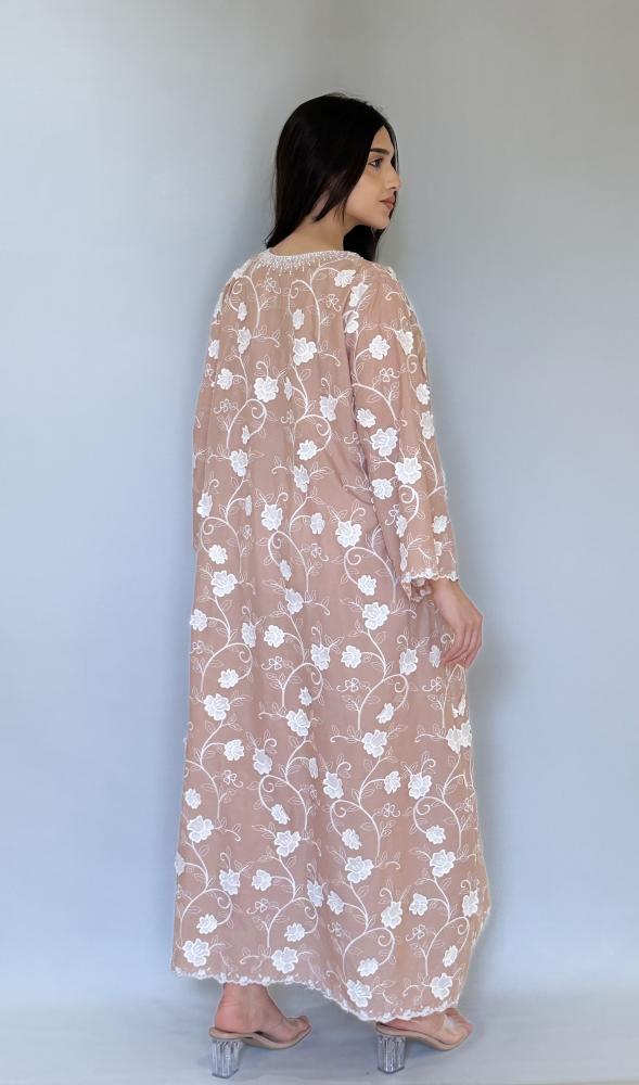 Cotton dress decorated with crystal, prominent rose embroidery