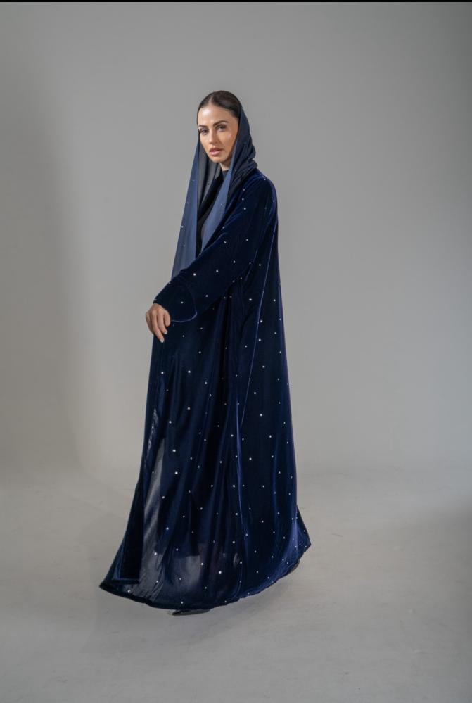 Blue velvet abaya with crystal embellishment