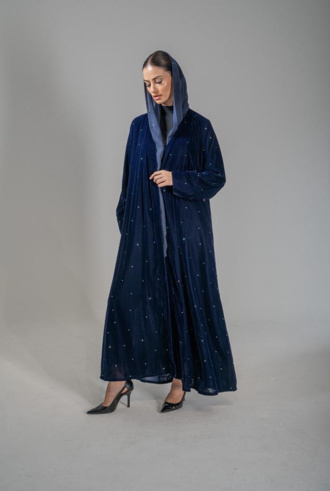 Blue velvet abaya with crystal embellishment