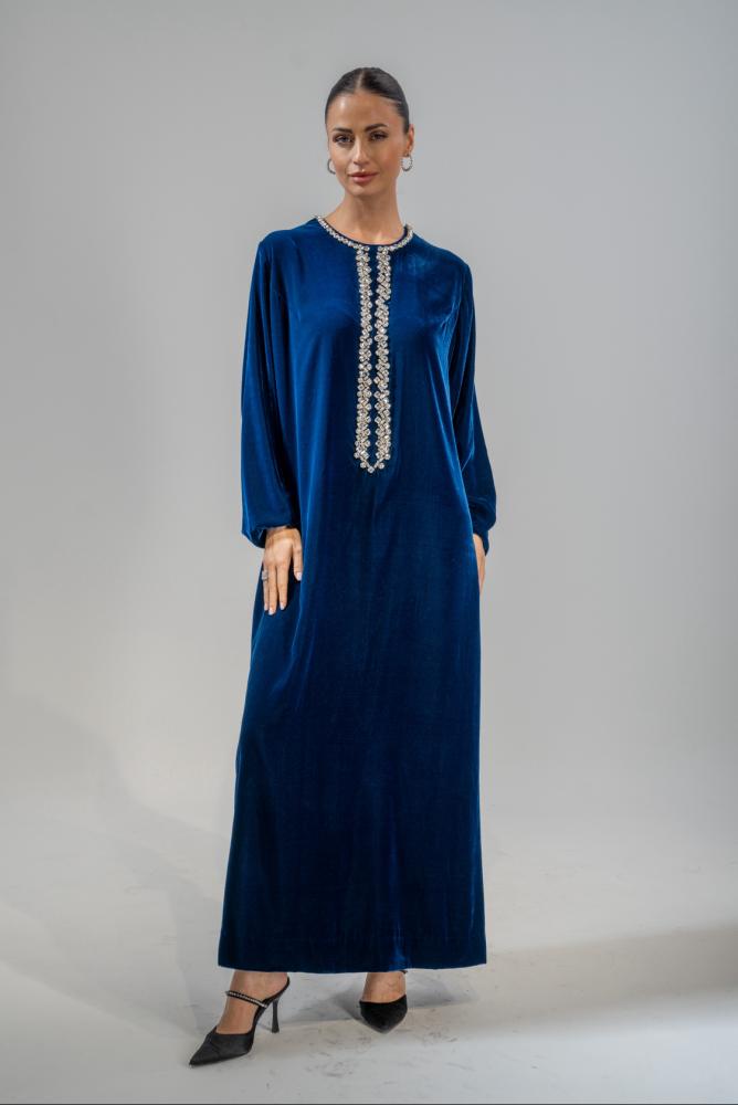 Velvet turquoise dress with crystal in front