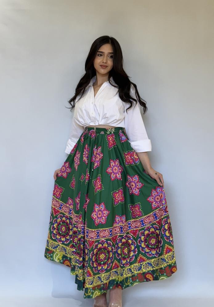 Green Indian skirt embroidered from Bella's selections
