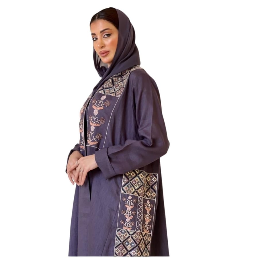 Luxurious linen abaya decorated with hand-placed stones