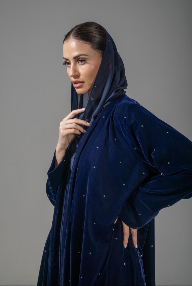 Blue velvet abaya with crystal embellishment
