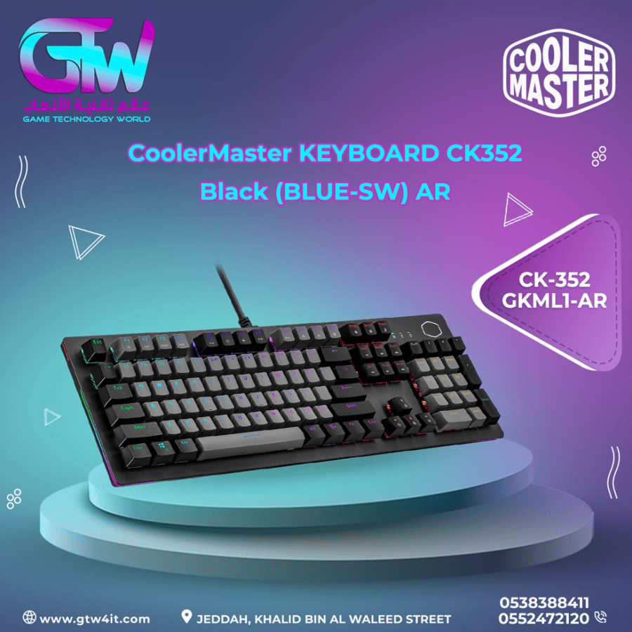 Cooler Master gaming mechanical keyboard full CK352 with blue keys and customizable RGB lighting and a sand-coated aluminum top and double keycap system, QWERTY (CK-352-GKML1-AR), RF