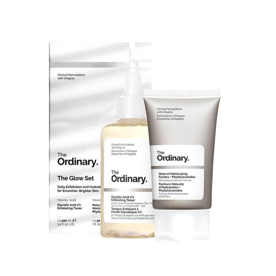 The Ordinary set of glasses with glycolic acid toner + moisturizer