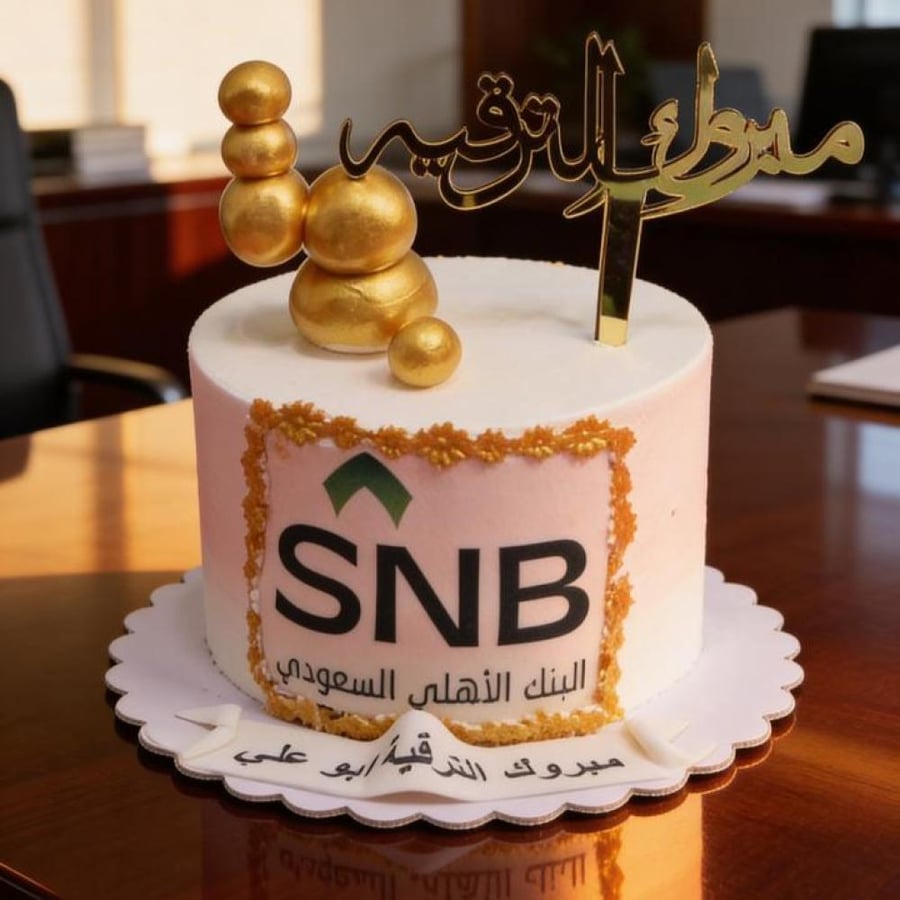 كيكة  6 انش مبروك الترقيه مع الطباعه وتغريسة اكريلك و كور ذهبية