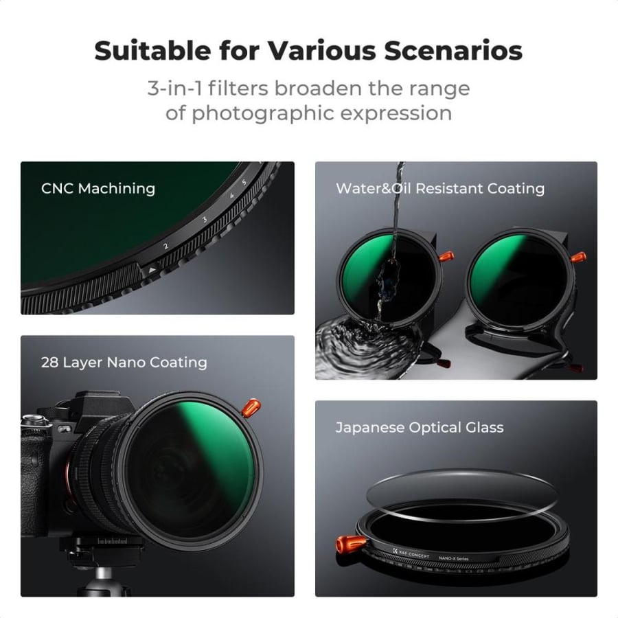 K&F Concept 77mm Variable ND2-32 (1-5 Stops) & Circular Polarizing Filter CPL & Black Mist 1/4 3 in 1 HD Lens Filter with 28 Multi-Coated for Camera Lenses Nano-Xcel Series