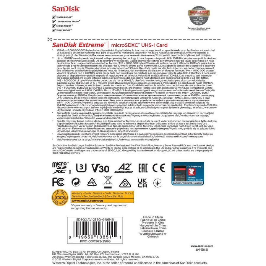 SanDisk Extreme 256GB microSDXC Card UHS-I U3 V30 190MBs
