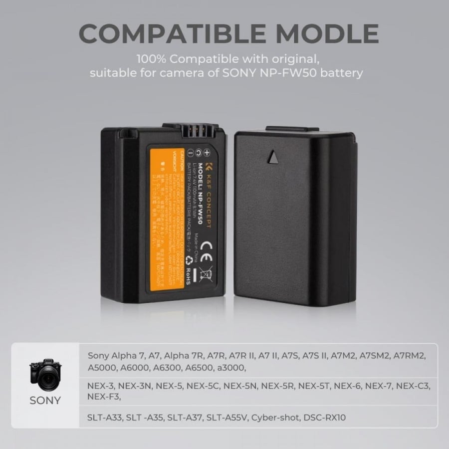 K&F Concept NP-FW50 rechargeable battery 2pcs + charger + 64GB micro SD card kit compatible with Sony