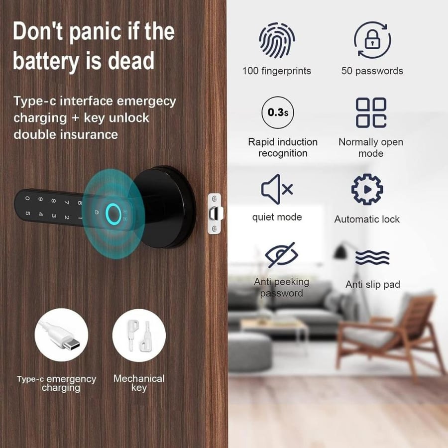 CG002 fingerprint recognition password door lock, with password keyboard keyless entry door handle, with graffiti app, suitable for bedrooms, family hotels, office apartments, black