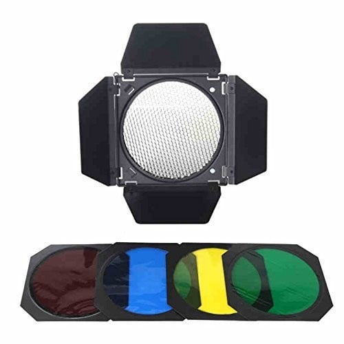 Godox BD-04 Barn Door and Honeycomb Grid and 4 Color Gel Filters