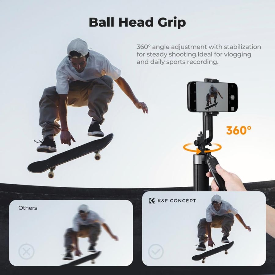 K&F CONCEPT 180cm Phone Tripod, Auto Open Selfie Stick with 4 Legs & Stabilizing Handle, 360° Rotation with Wireless Remote Control