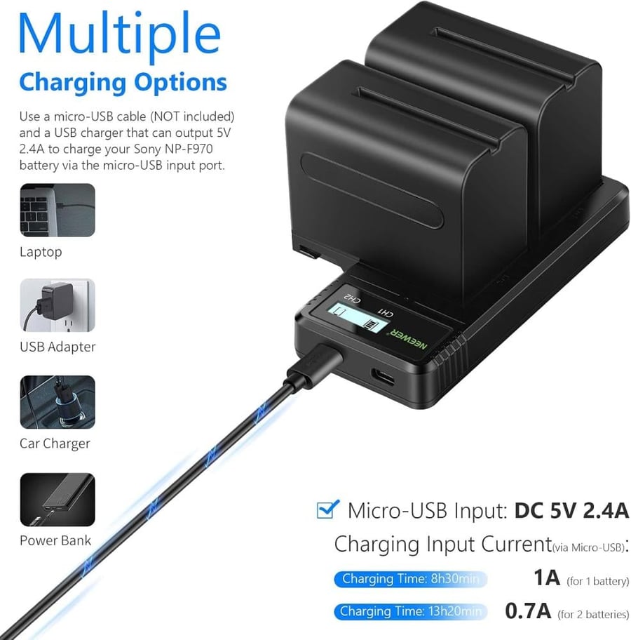 NEEWER Dual USB Fast Charger with 2 x 6600mAh NP-F970 Replacement Batteries