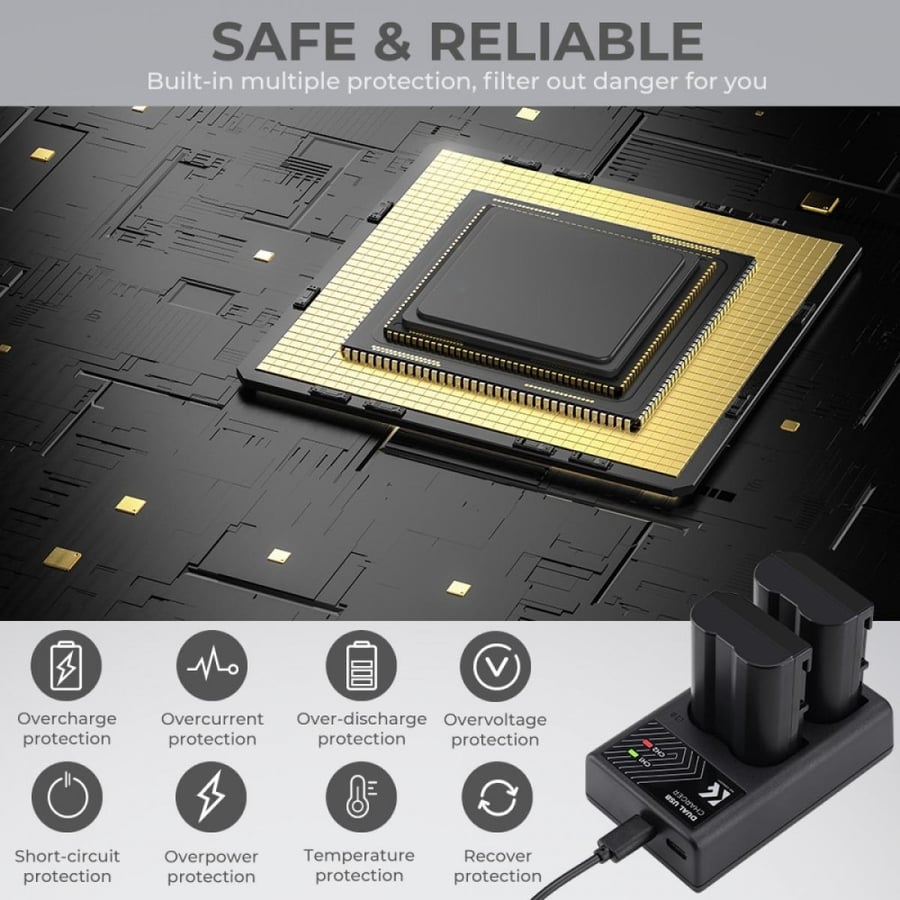 K&F Concept EN-EL15 rechargeable battery 2pcs + charger kit compatible with Nikon