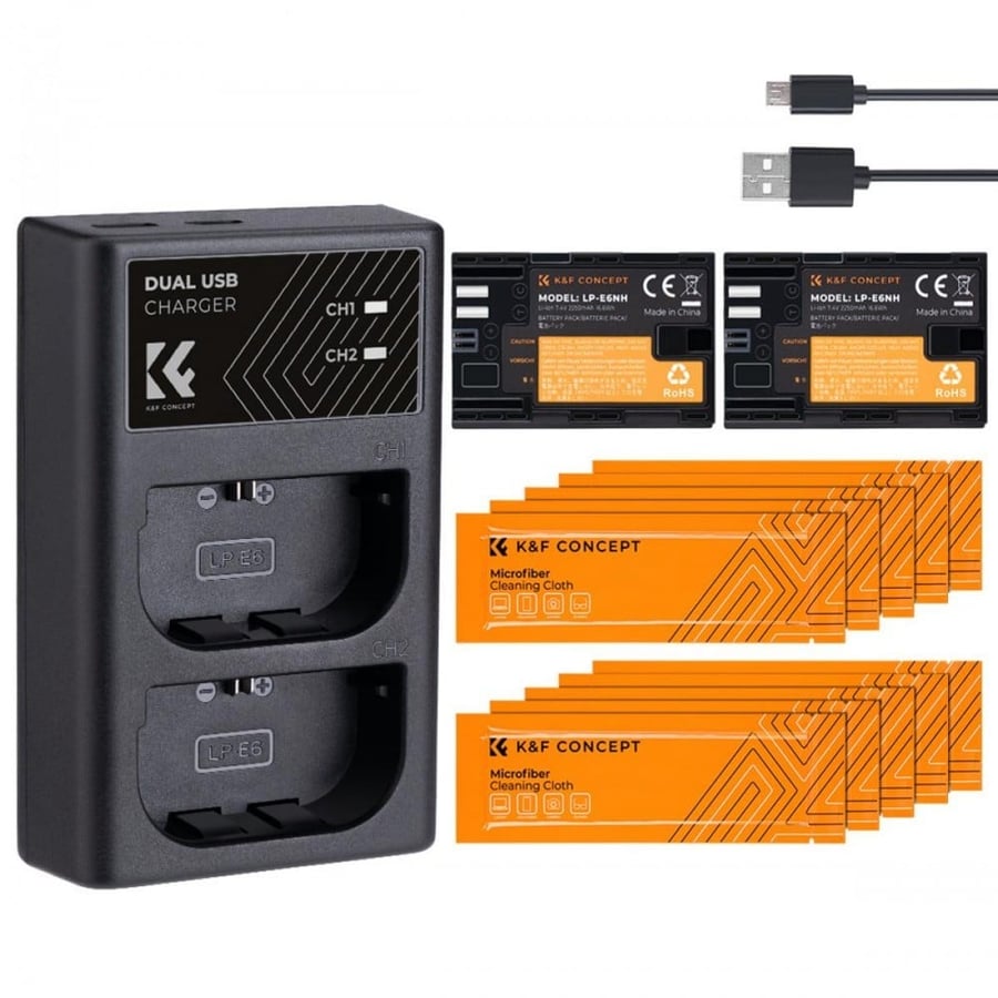 K&F Concept LP-E6NH rechargeable battery 2pcs + charger + 10pcs cleaning cloth kit compatible with Canon