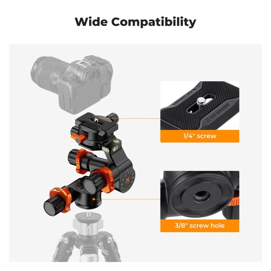 K&F Concept Geared Tripod Head, 360°Panoramic 3-Way Ballhead with Quick Release Plate