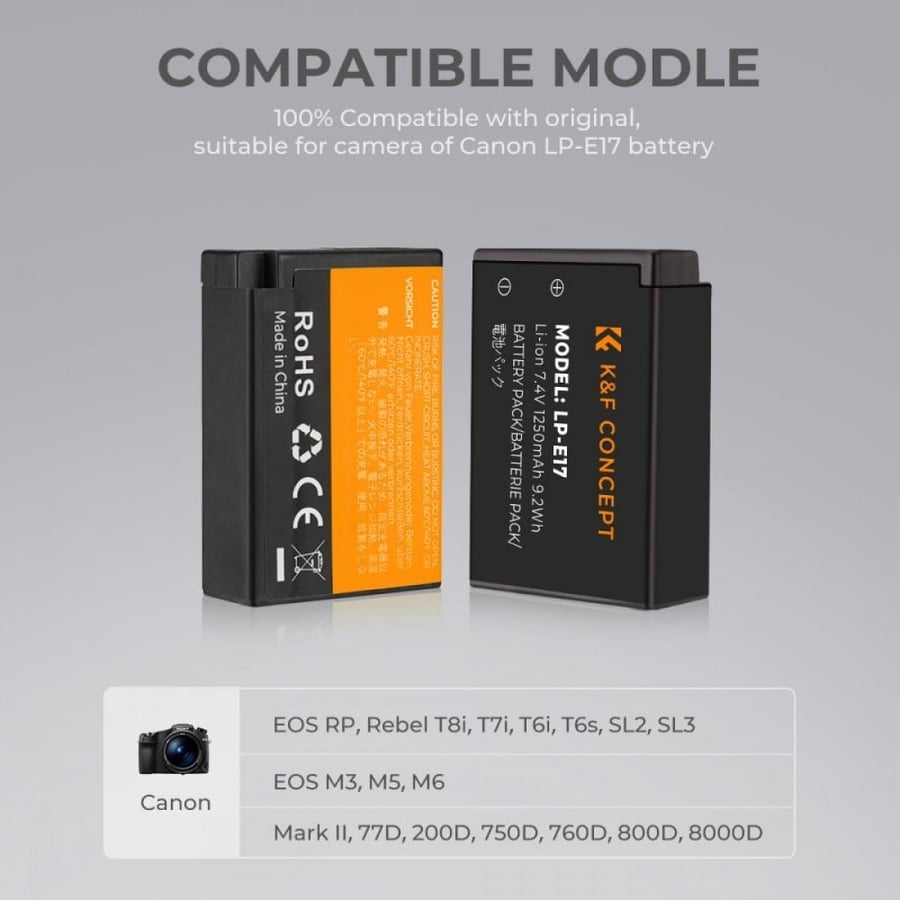 K&F Concept LP-E17 rechargeable battery 2pcs + charger + 10pcs cleaning cloth kit compatible with Canon