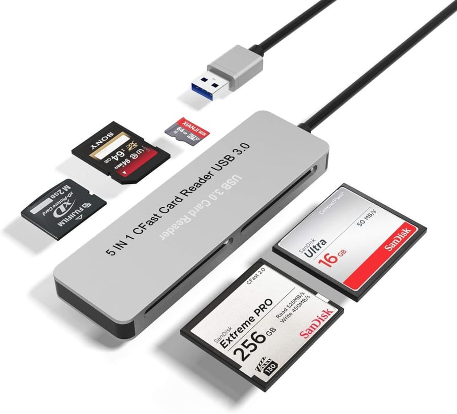 Bawanfa CFast Card Reader, 5 in 1 CFast 2.0 Memory Card Adapter Hub, USB 3.0 (5Gps) High Speed Read 5 Cards Simultaneously CFast/TF/SD/M2/XD/CF Combo Adapter Compatible with Windows Mac OS Linux
