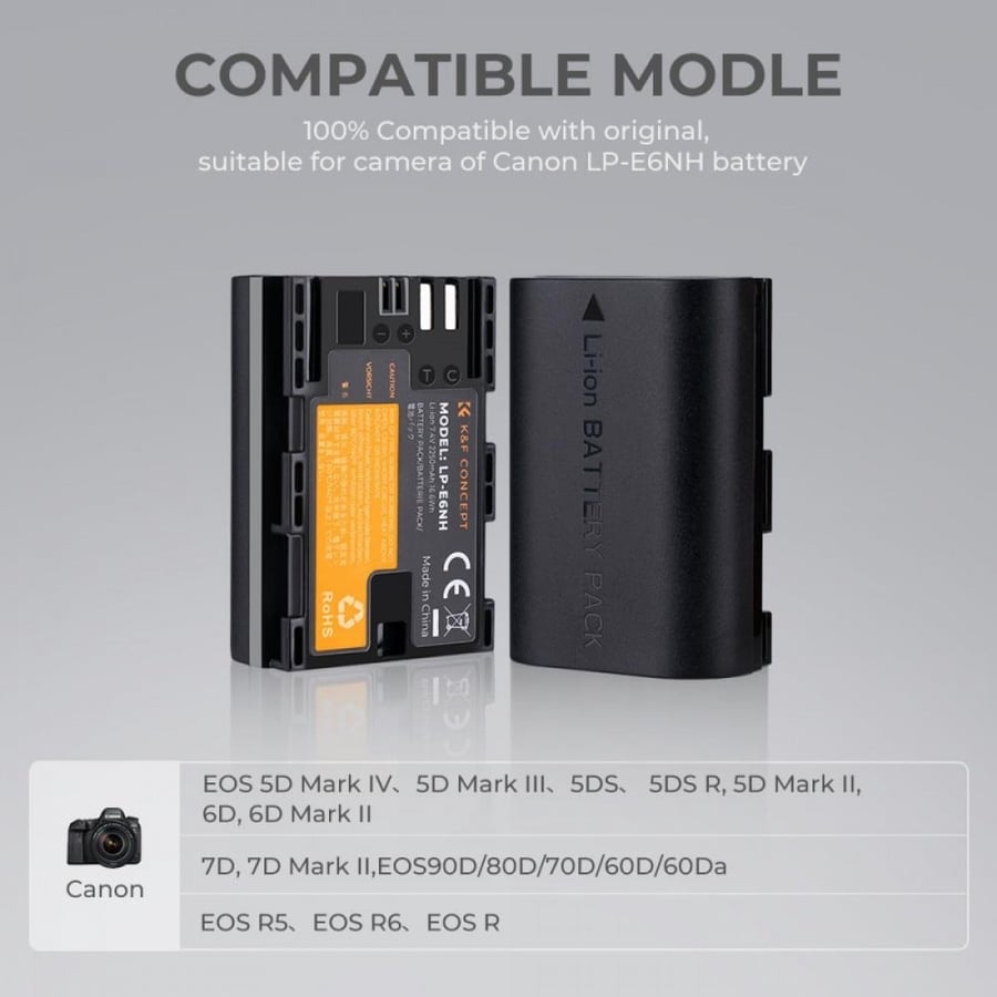 K&F Concept LP-E6NH rechargeable battery 2pcs + charger + 10pcs cleaning cloth kit compatible with Canon
