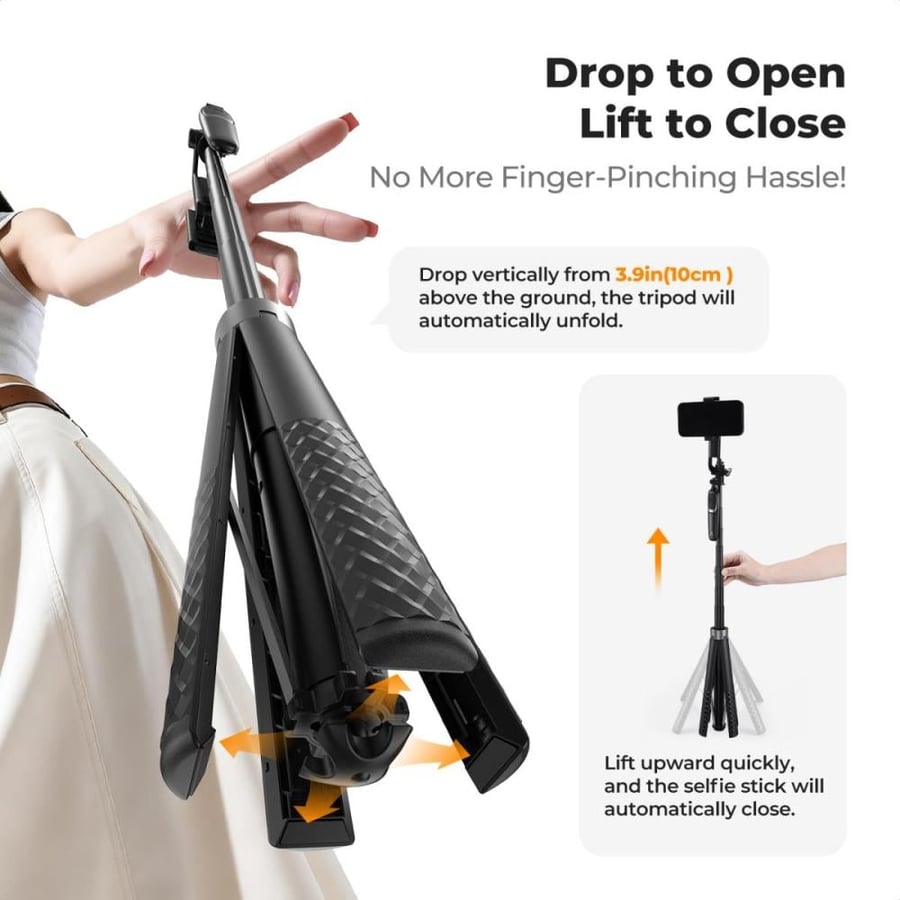 K&F CONCEPT 180cm Phone Tripod, Auto Open Selfie Stick with 4 Legs & Stabilizing Handle, 360° Rotation with Wireless Remote Control