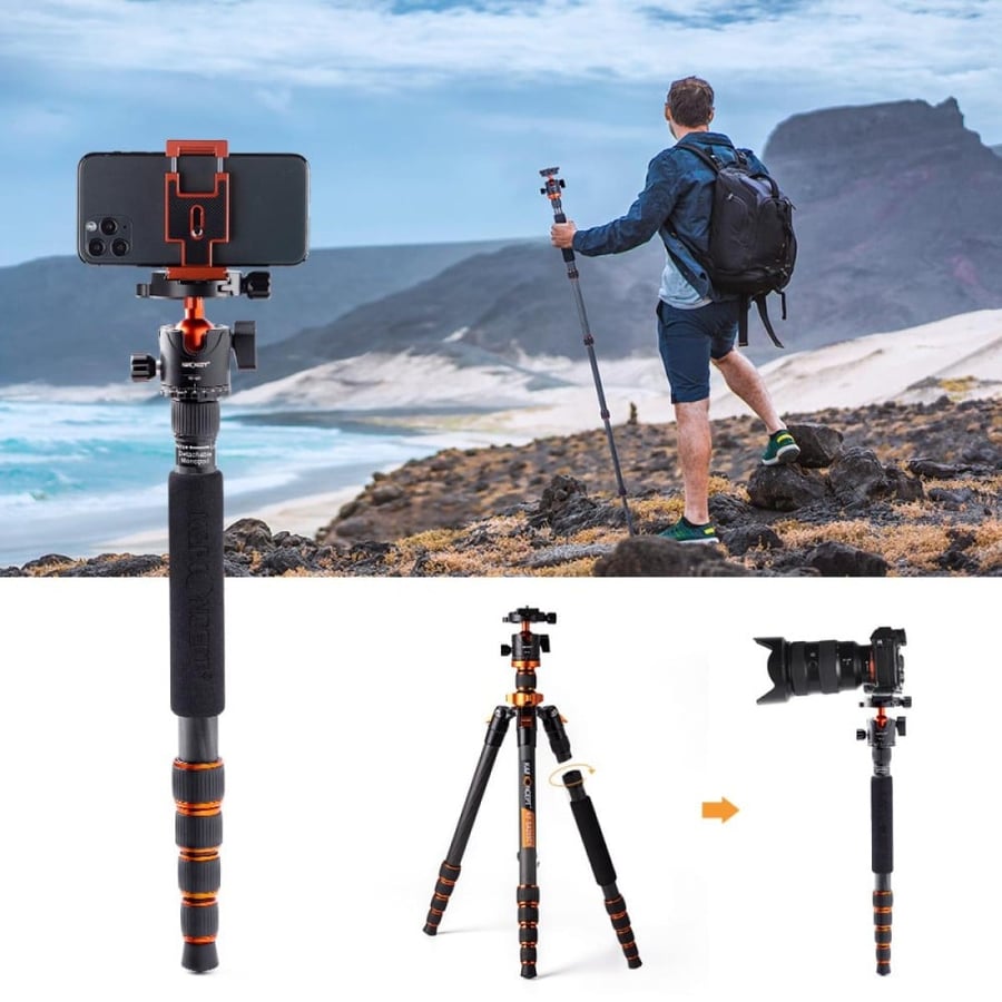 K&F Concept Carbon Fiber Camera Tripod 172cm, Lightweight Compact Tripod Monopod with Ball Head Quick Release Plate Carrying Bag Loading Up to 15KG