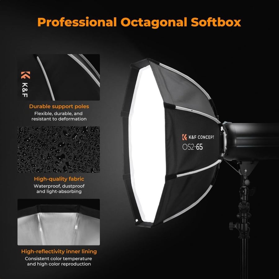 K&F CONCEPT Octagonal Softbox, 65cm/25.6in Quick Release Softbox with Bowens Mount, Carrying Bag