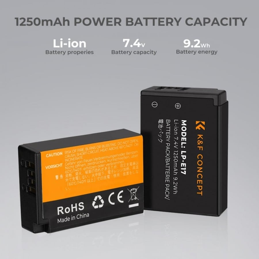 K&F Concept LP-E17 rechargeable battery 2pcs + charger + 10pcs cleaning cloth kit compatible with Canon