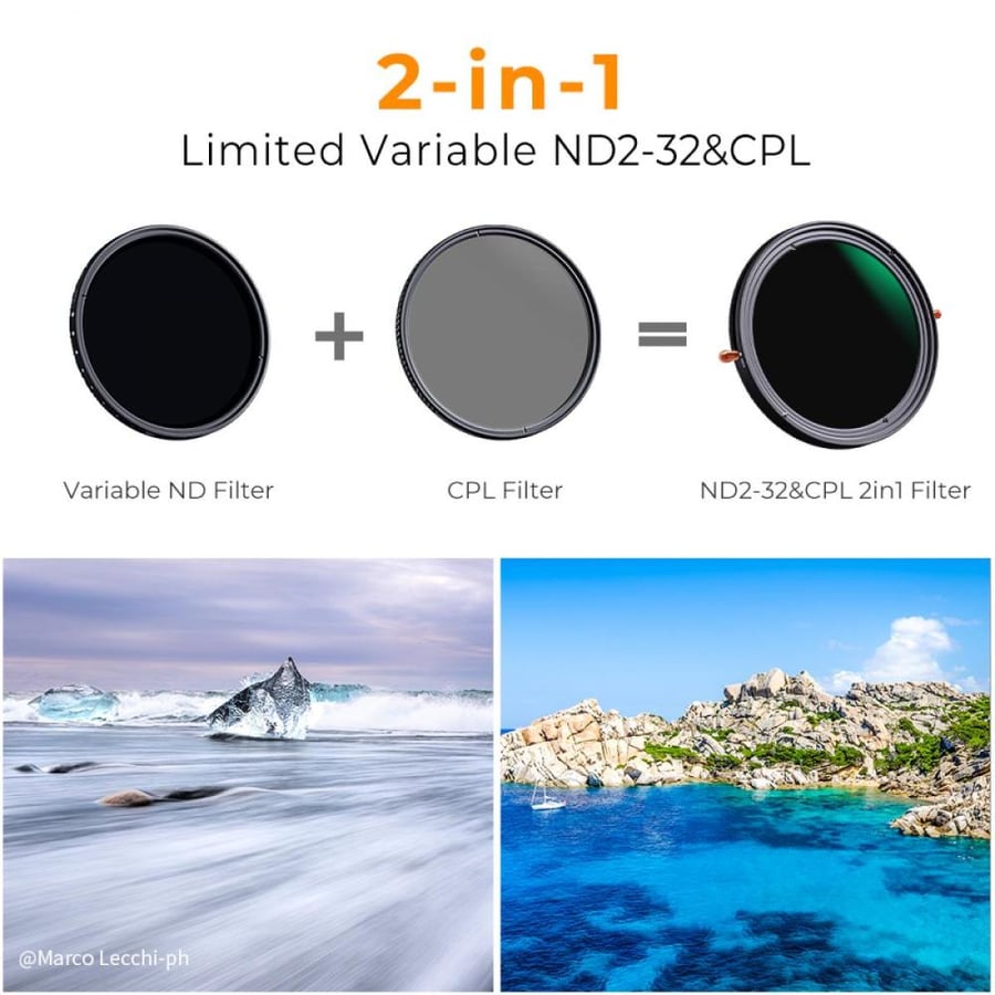 K&F 82mm ND2-ND32 (1-5 Stop) Variable ND Filter and CPL Circular Polarizing Filter 2 in 1 for Camera Lens No X Spot Weather Sealed Nano-Xcel