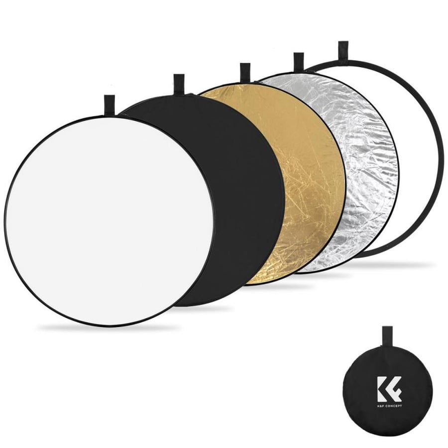 K&F Concept 5-in-1 Light Reflector 22" (56cm) Photography Diffuser Collapsible Portable for Studio and Outdoor Lighting Gold Silver White Black Translucent