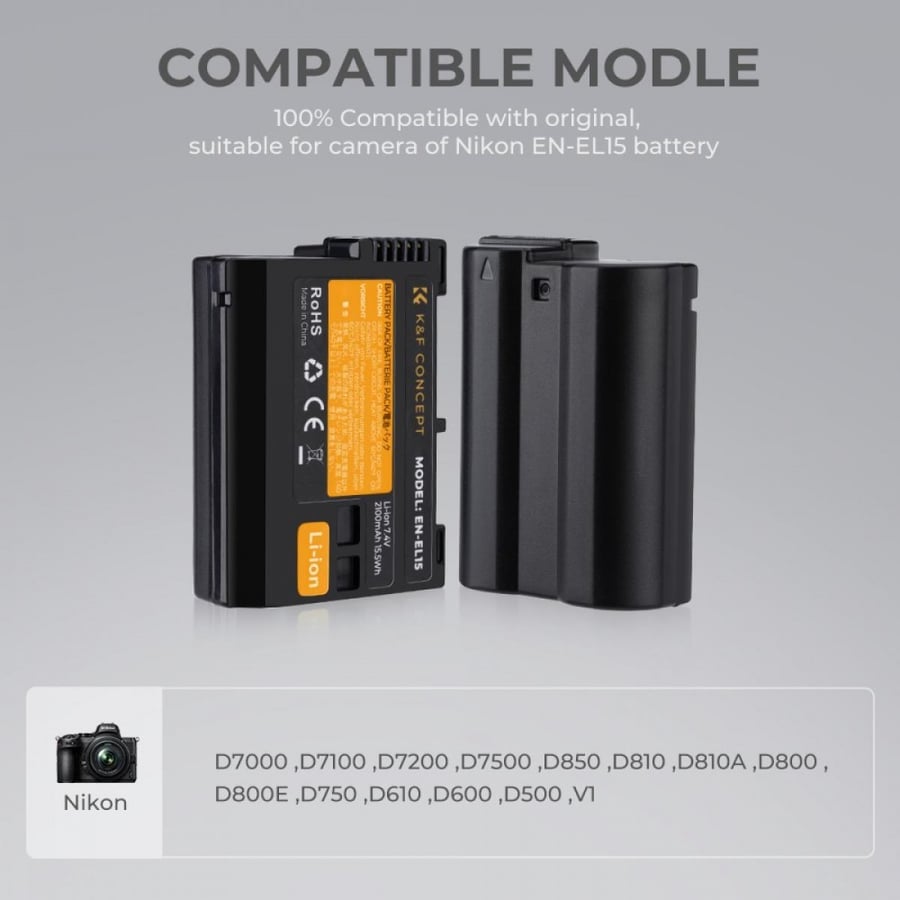 K&F Concept EN-EL15 rechargeable battery 2pcs + charger + 10pcs cleaning cloth kit compatible with Nikon
