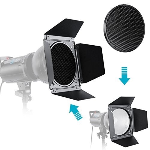 Godox BD-04 Barn Door and Honeycomb Grid and 4 Color Gel Filters