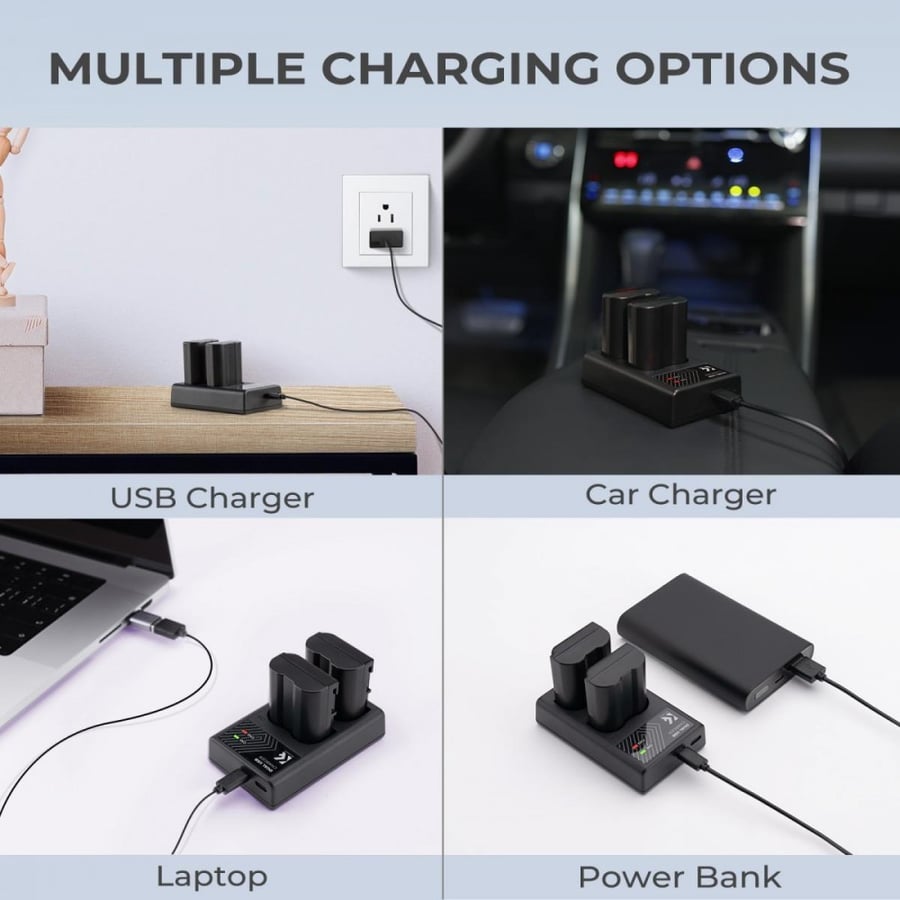 K&F Concept EN-EL15/EN-EL15a/EN-EL15b Dual Slot Quick Charger, Micro USB and Type-C Dual Interface