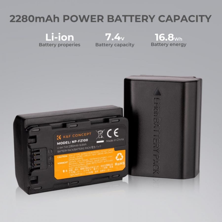 K&F Concept NP-FZ100 rechargeable battery 2pcs + charger + 64GB micro SD card kit compatible with Sony