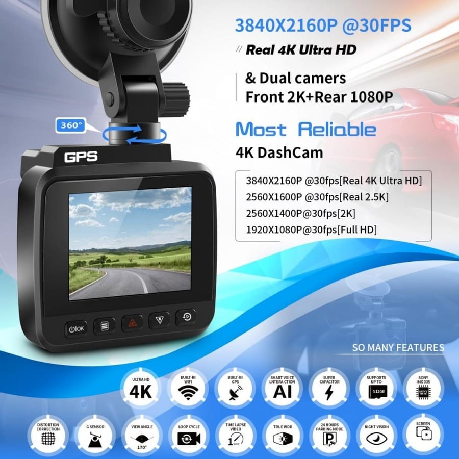 K&F Concept V53 3 inch IPS 4K HD Car Recorder with 170° Recording Angle with G Sensor, GPS, WiFi, Loop Recording, Parking Monitoring, Night Vision (4K @3840*2160P) Dual Cameras