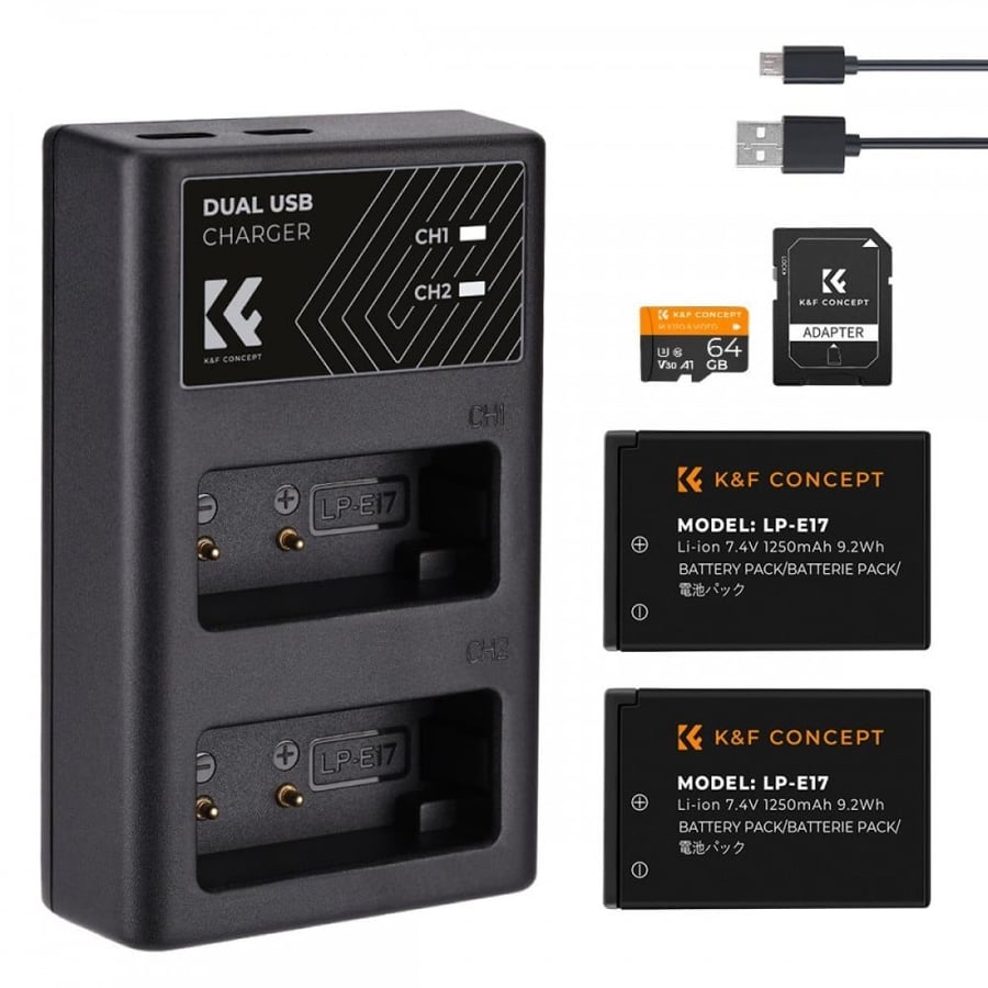 K&F Concept LP-E17 rechargeable battery 2pcs + charger + 64GB micro SD card kit compatible with Canon