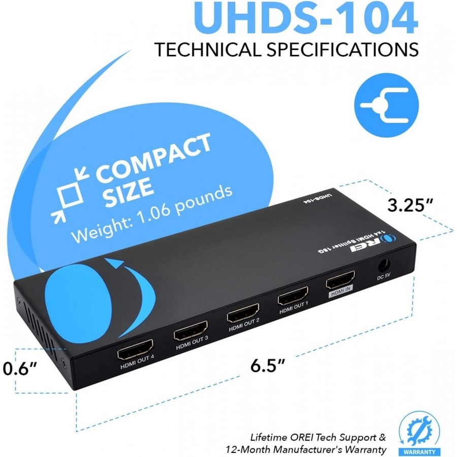 1x4 HDMI Splitter 18G: 1-In 4-Out UltraHD 4K EDID (UHDS-104)