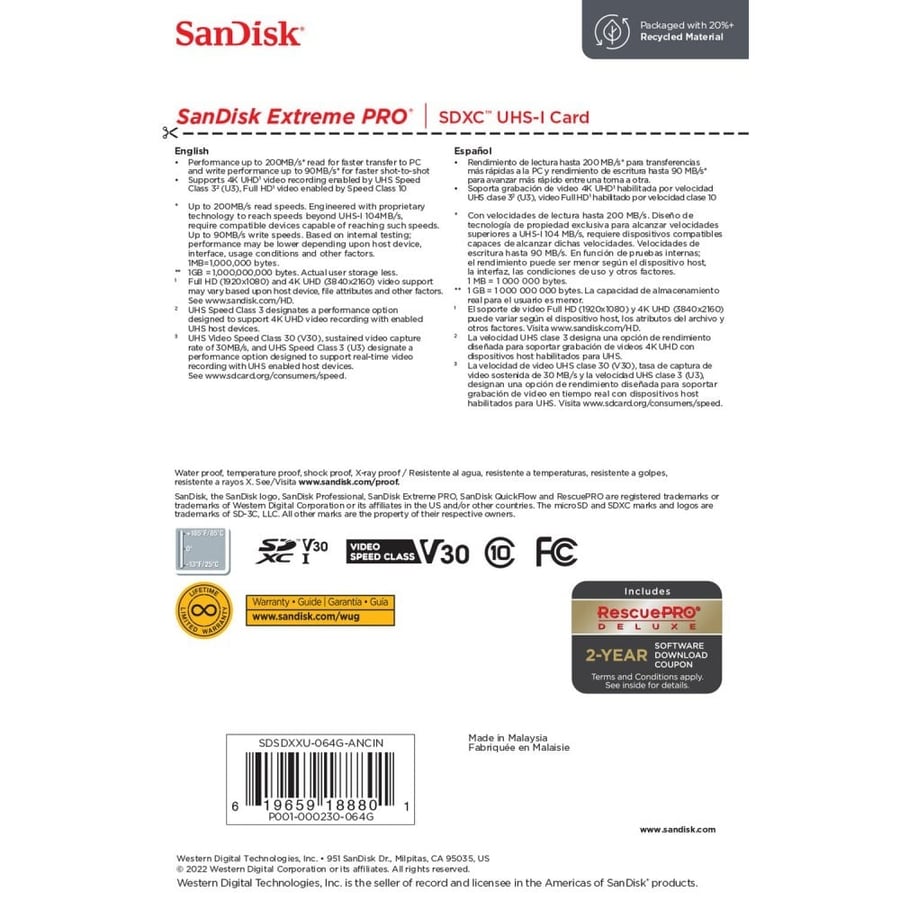 SanDisk 64GB Extreme PRO UHS-I SDXC Memory Card