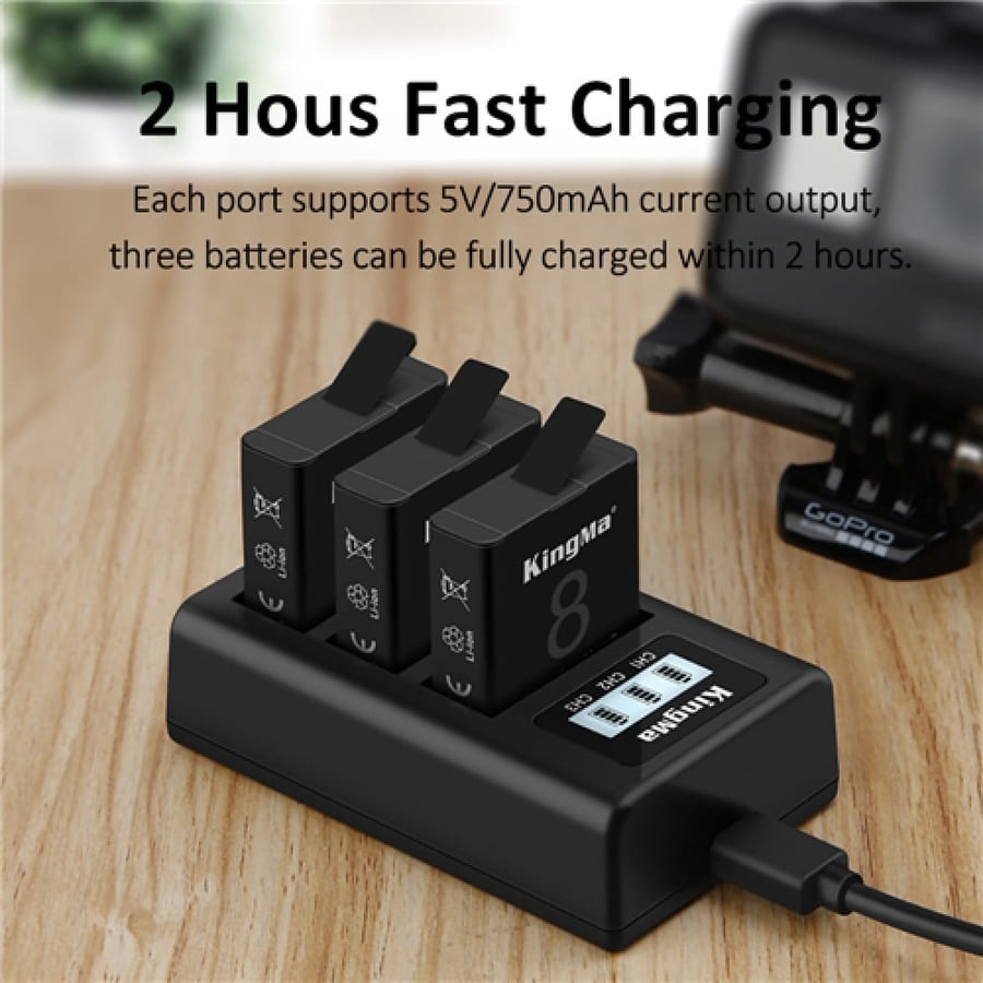 KingMa Fully Decoded 2 Battery and LCD Triple Charger Kit for GoPro Hero 8,7,6 Action Cameras