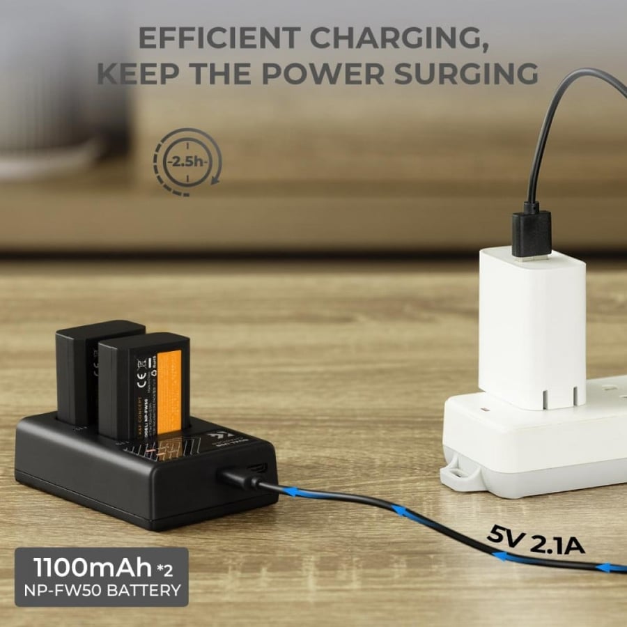K&F Concept LP-FW50 rechargeable battery 2pcs + charger + 10pcs cleaning cloth kit compatible with Sony