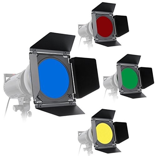 Godox BD-04 Barn Door and Honeycomb Grid and 4 Color Gel Filters