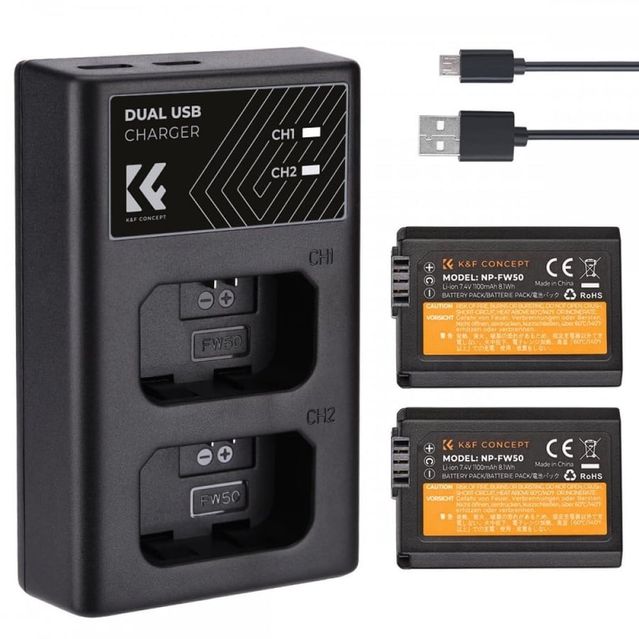 K&F Concept NP-FW50 rechargeable battery 2pcs + charger kit compatible with Sony