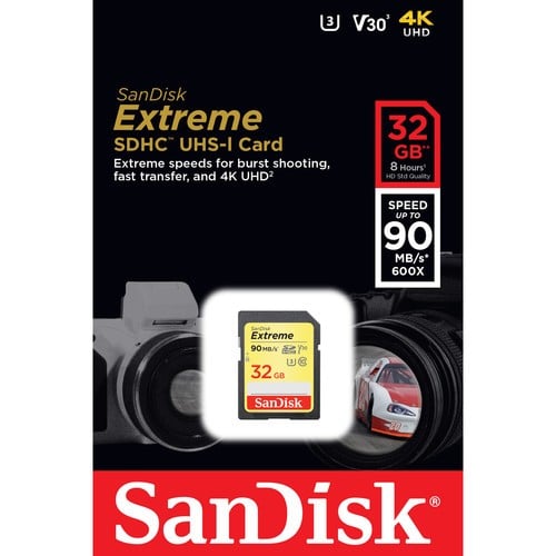 SanDisk 32GB Extreme SDHC UHS-I Memory Card - 90MB/s, C10, U3, V30, 4K UHD, SD Card - SDSDXNE-016G-GNCIN