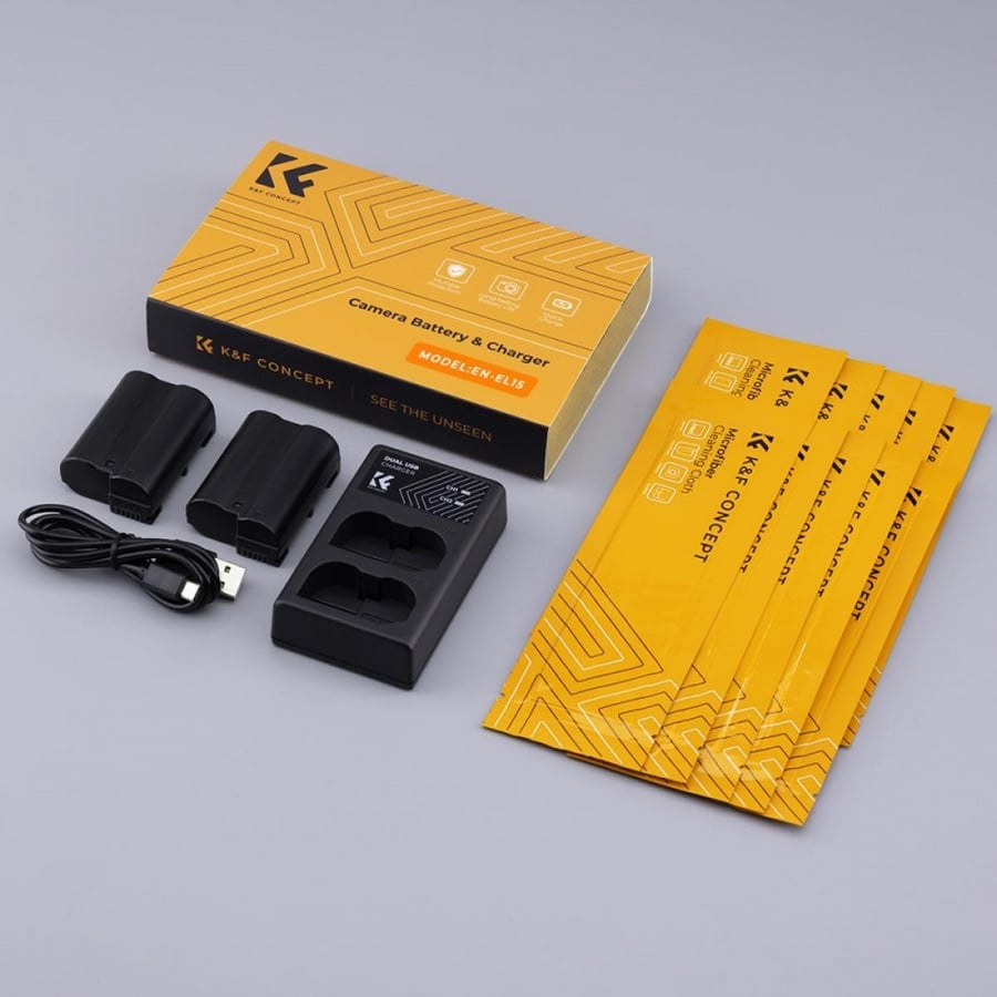 K&F Concept EN-EL15 rechargeable battery 2pcs + charger + 10pcs cleaning cloth kit compatible with Nikon