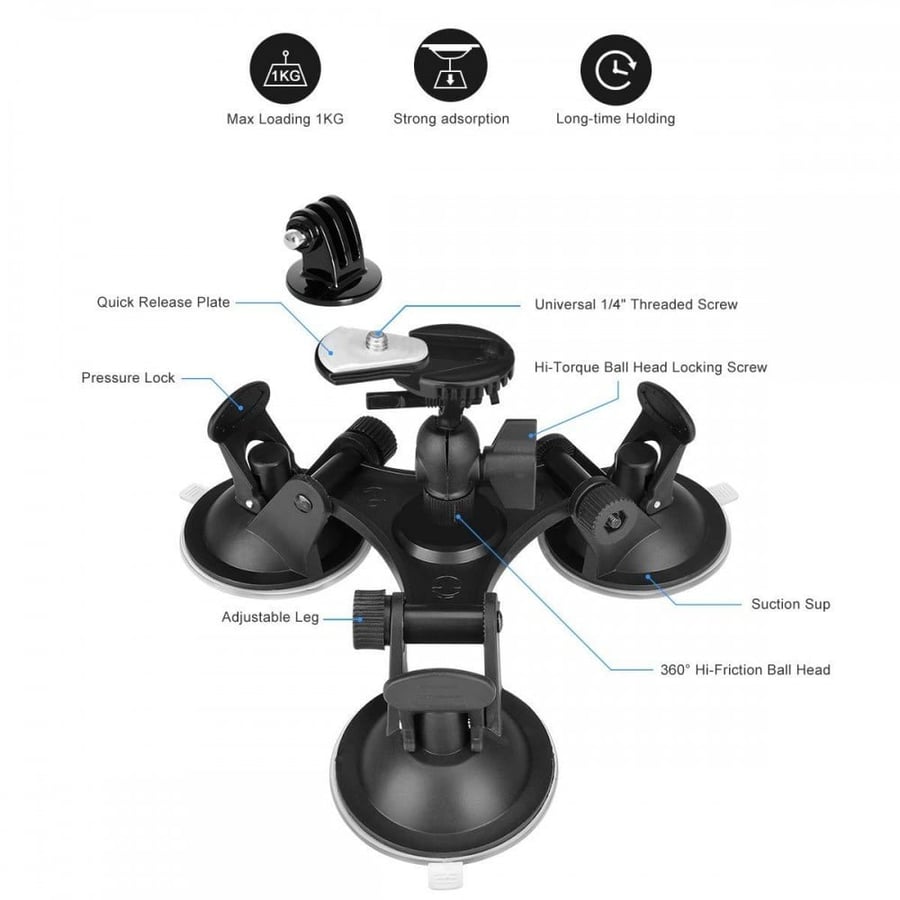 K&F Concept 3 cup Sucker Mount Car Bracket/With Ball Head for Action Cameras