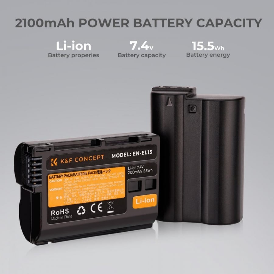 K&F Concept EN-EL15 rechargeable battery 2pcs + charger kit compatible with Nikon