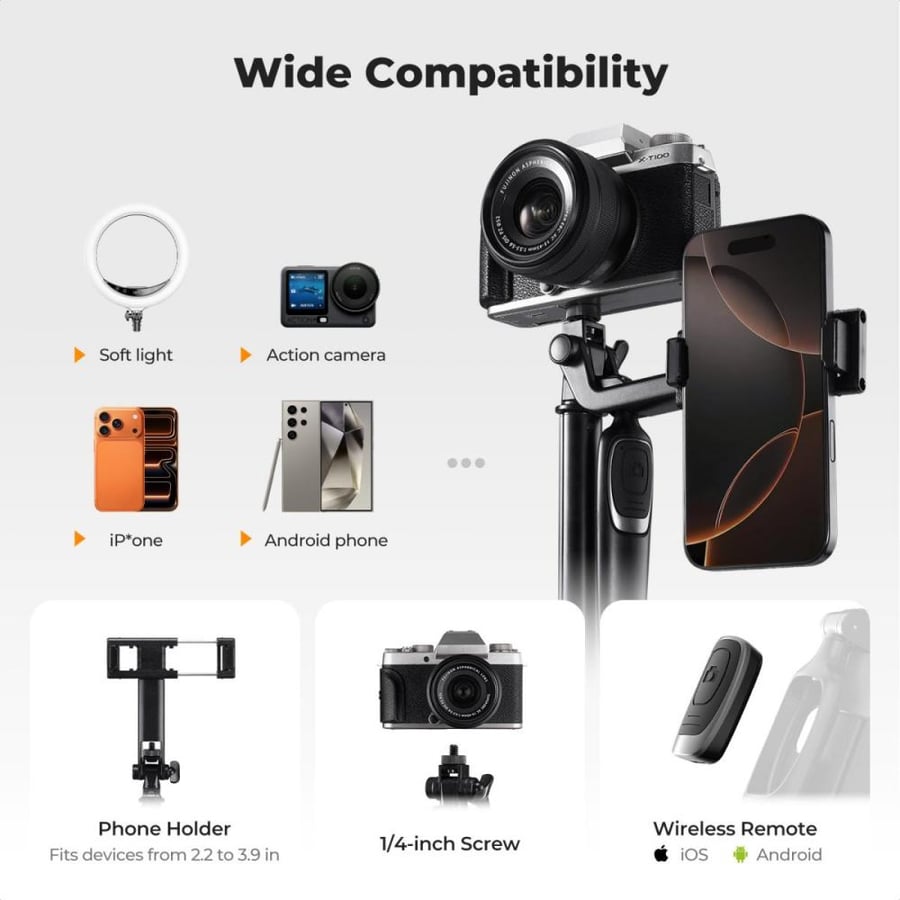 K&F CONCEPT 180cm Phone Tripod, Auto Open Selfie Stick with 4 Legs & Stabilizing Handle, 360° Rotation with Wireless Remote Control